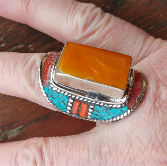 Artisan Orange and Turquoise Ring - Picture 3 of 14